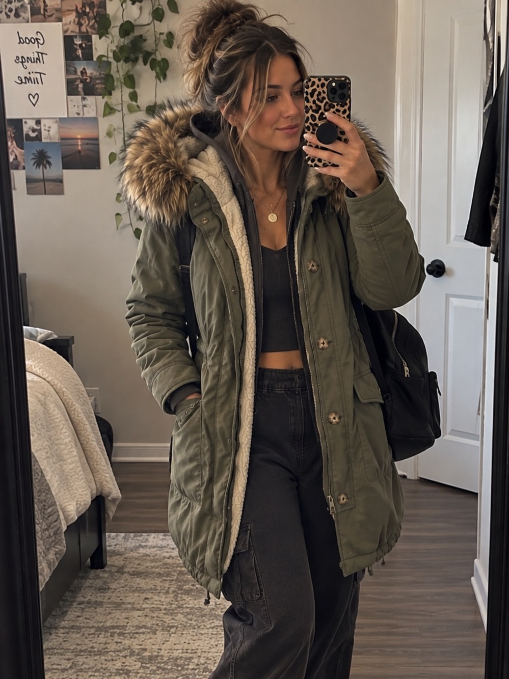 Vintage Y2K Abercrombie & Fitch Olive Sherpa Faux Fur Hood Park small
